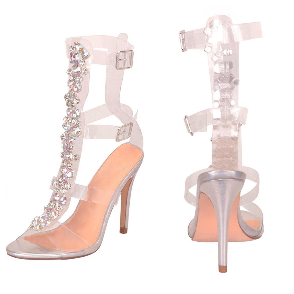 Cambridge Select Clear Crystal Rhinestone Stiletto Gladiator Sandal 8.5 Silver